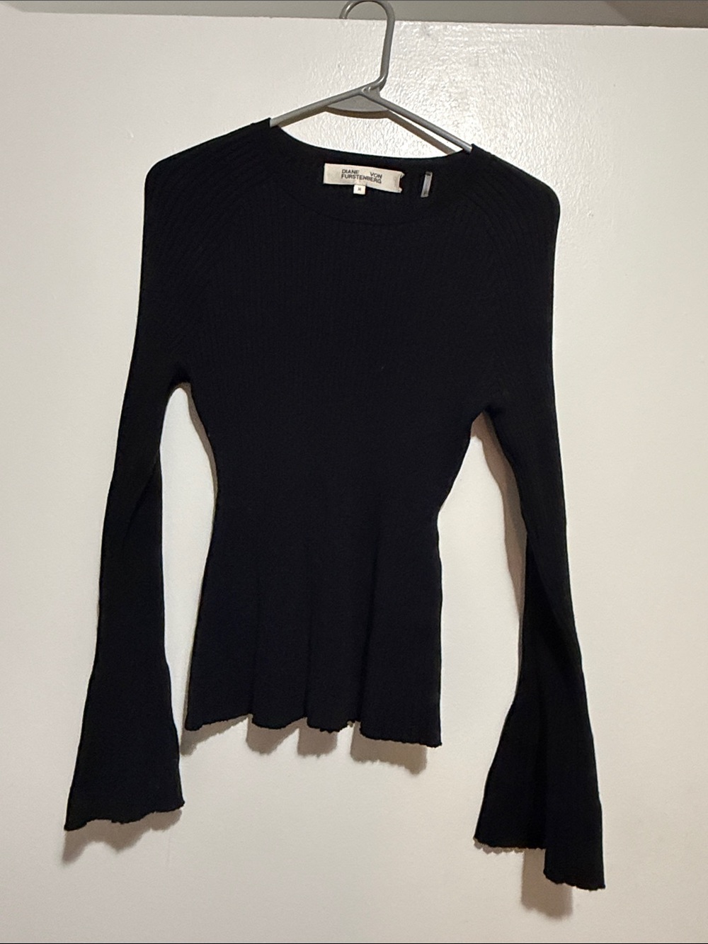 Diane Von Furstenberg Black Ribbed Long-Sleeve Fitted Top